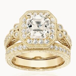 Gold Plated Sterling Silver Antique 7mm Asscher Cut Wedding Ring Set, 5